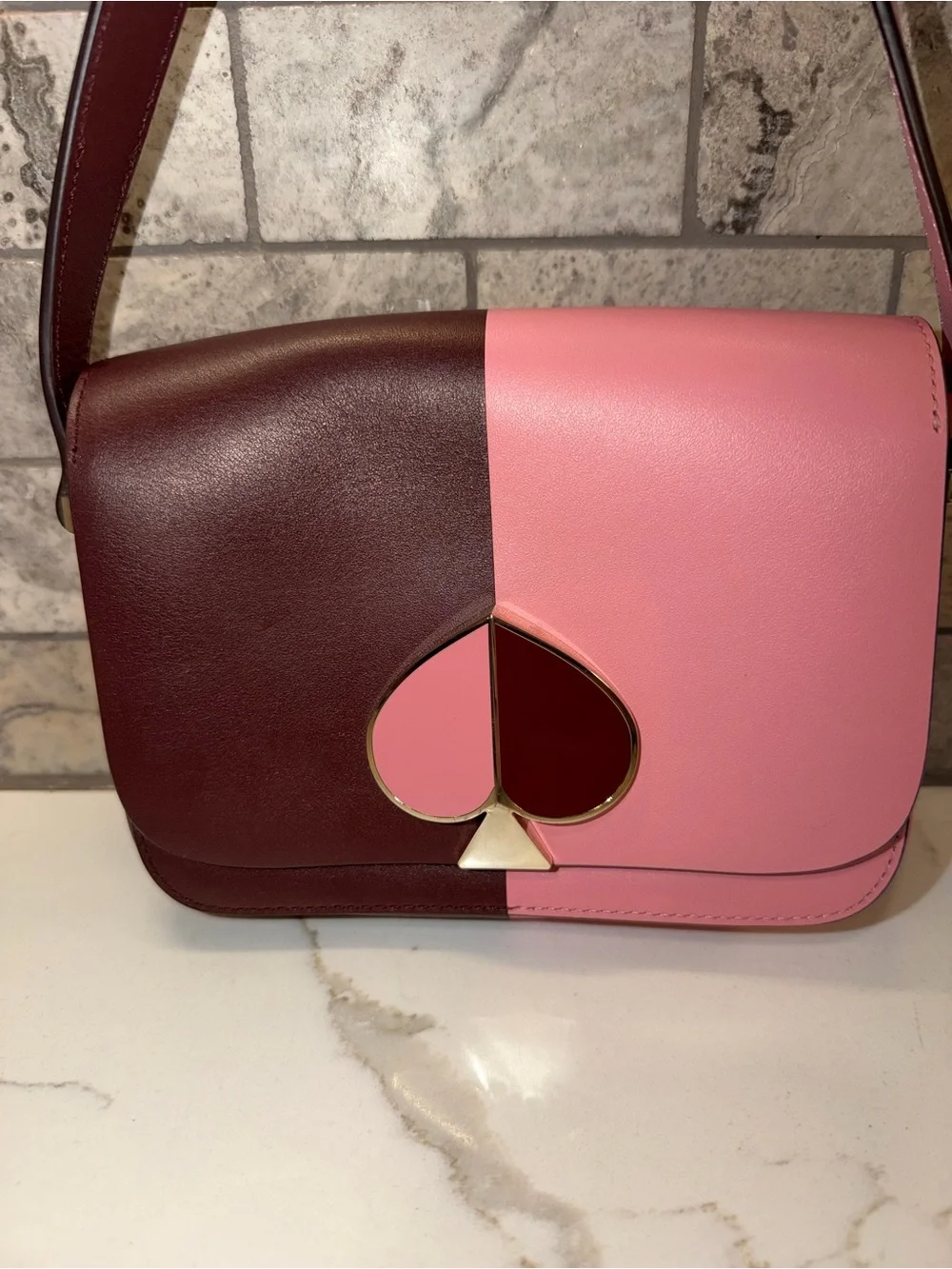 Kate Spade  Nicola Colorblock Pink and Burgundy Leather Spade Crossbody